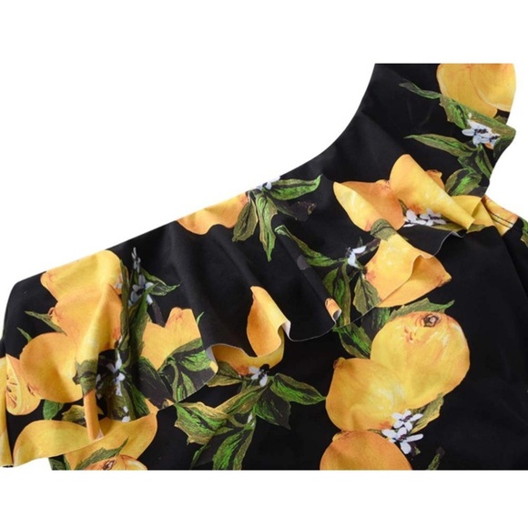 NWT Hilor black with lemons one ruffled shoulder one piece swimsuit ruched. - Picture 3 of 15